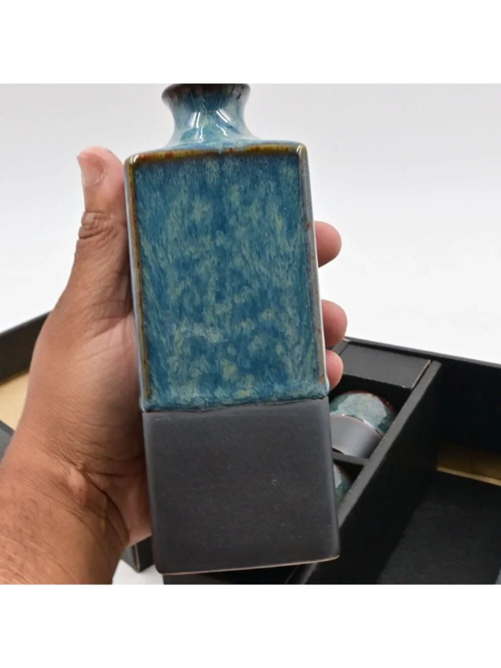 Kafuh Japan Ceramic Sake Set 1 Carafe 4 Ochoko Cups Teal Black Ombre Box NIB